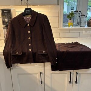 St. John Collection Dark Brown Skirt Suit Blazer with Gold Accents